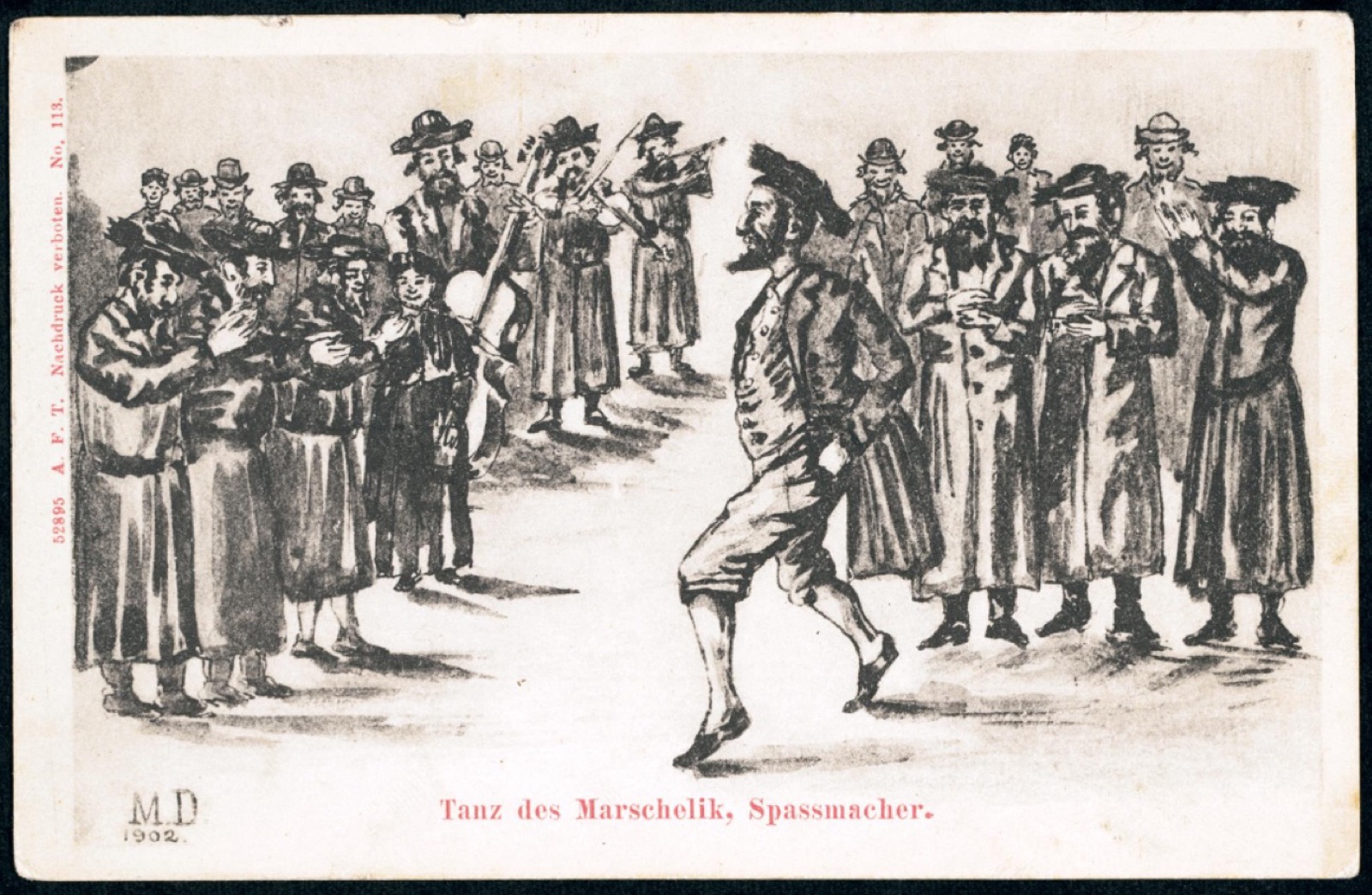 Cartolina del 1902: musicisti klezmer e ballerino in una scena di nozze ebraica, Europa orientale